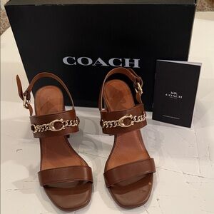 Coach Sz 8.5 Women's Saddle Brown Leather 'C' Chain Sandals. like new with box.